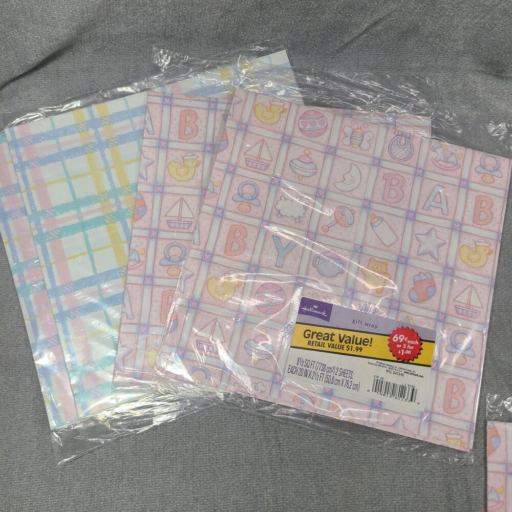 Vintage Baby Wrapping Paper Lot Hallmark Nursery Ducks Plaid 8 Sheets Square